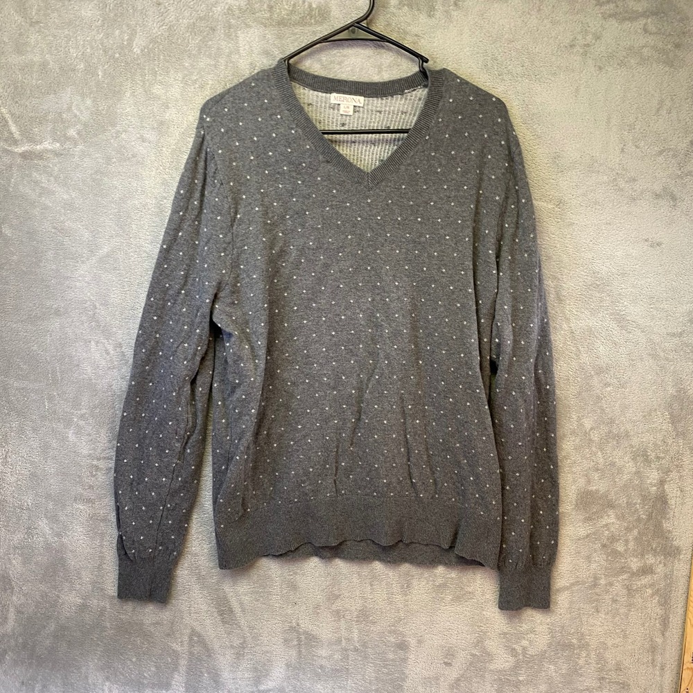 Merona Sweater Womens L V-Neck Gray Polka Dot Wool Blend EUC